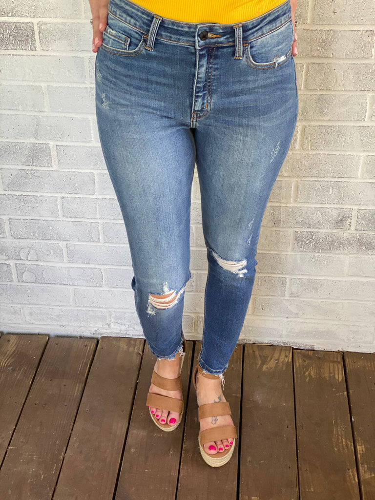 High Rise Distressed Ankle Skinny