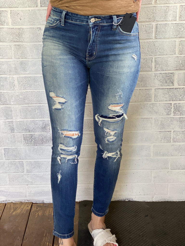 Mid Rise Distressed Ankle Skinny With Patch