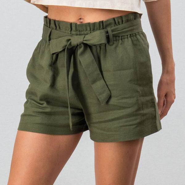 Olive Ribbon Linen Paperbag Shorts